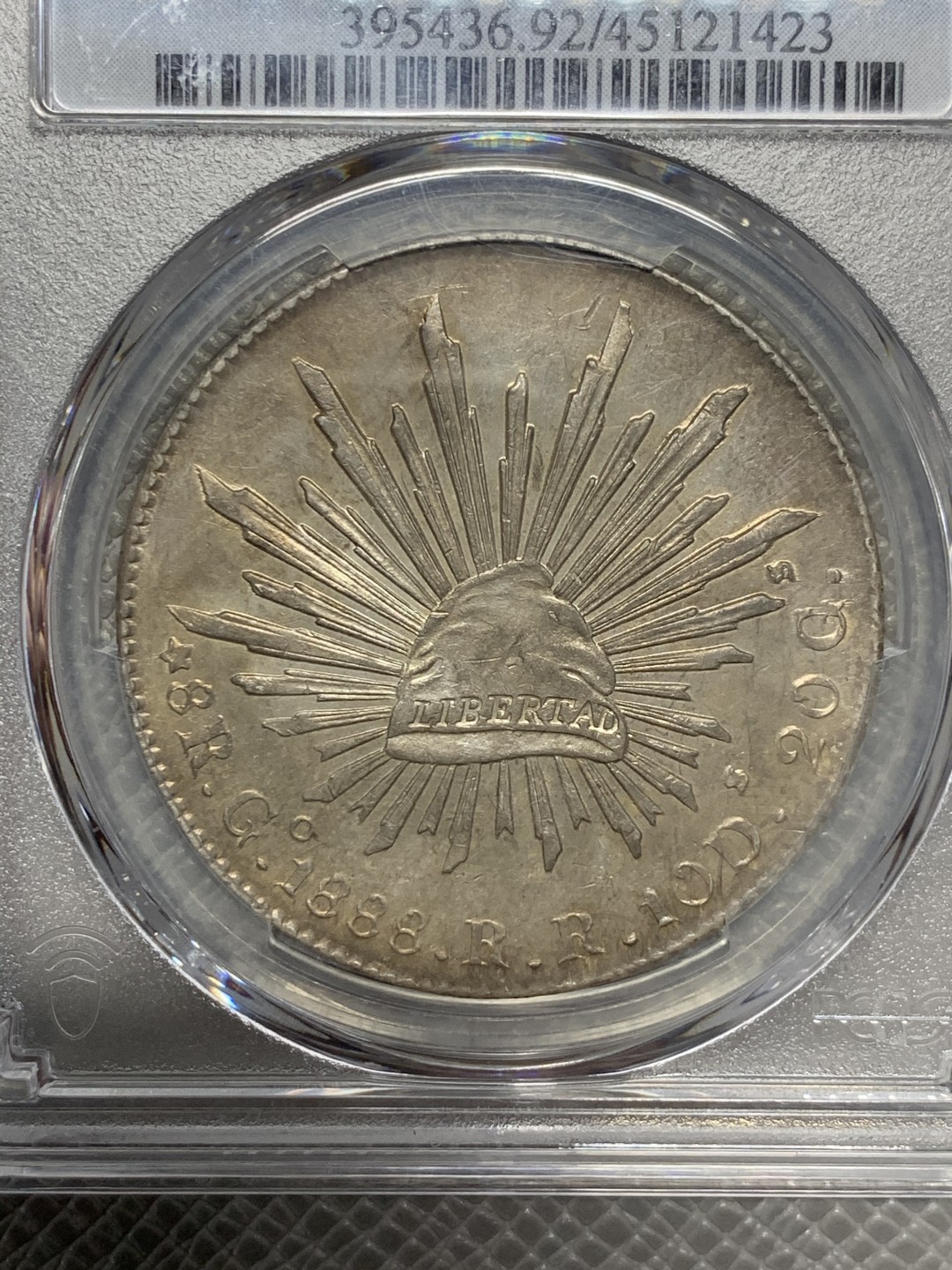 《竞宝斋》第123场-周日，周一 ，2场连拍（全场包邮） 墨西哥 1888年 PCGS UNCD 瓜纳华托 GO RR版 发财年花边鹰洋，光度、包浆都到位，严评