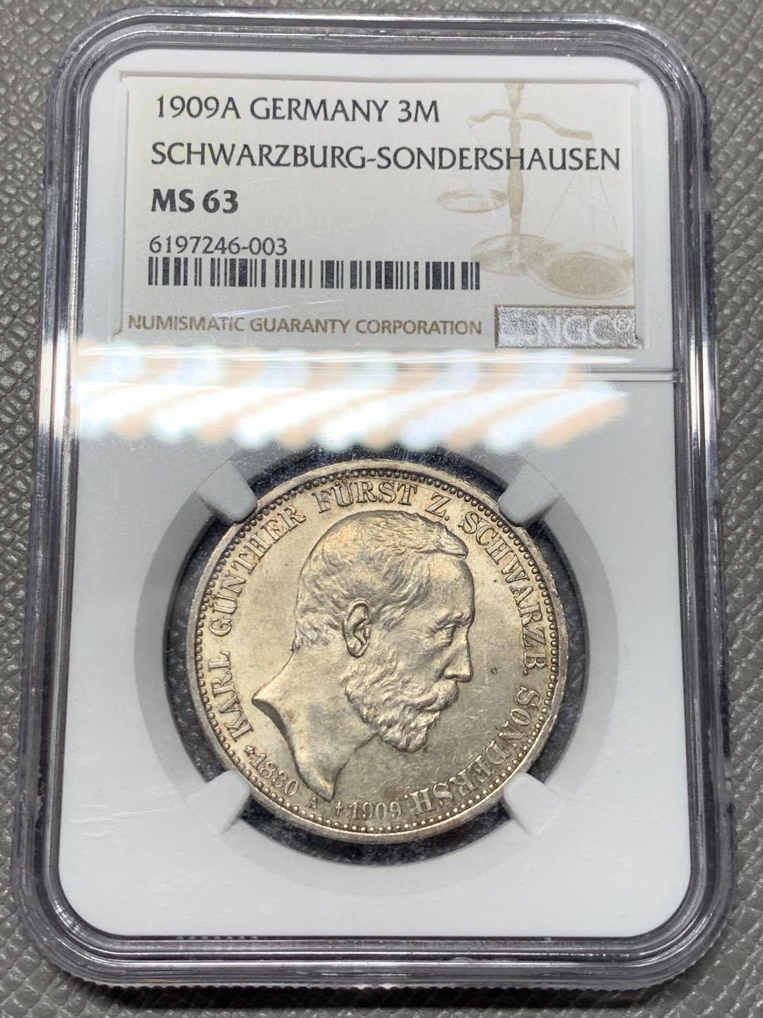 《竞宝斋》第123场-周日，周一 ，2场连拍（全场包邮） NGC-MS63 1909年 德国施瓦茨堡松德斯豪森3马克银币，黄油包浆，很少见的小邦马克，仅铸造这一年