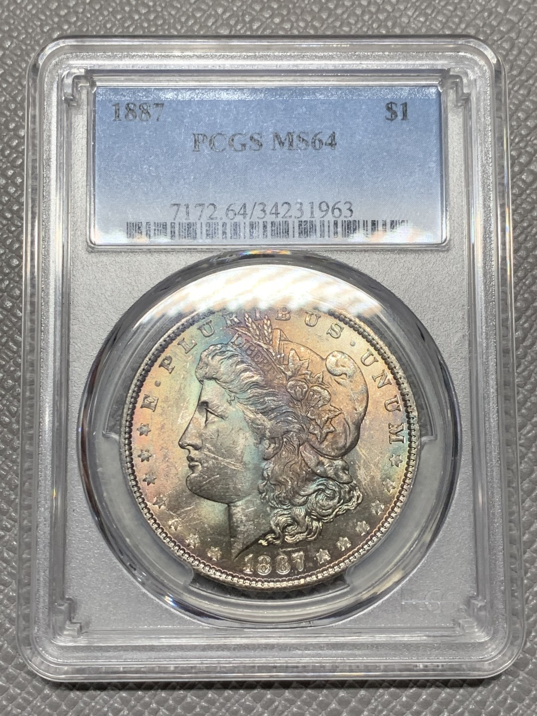 《竞宝斋》第123场-周日，周一 ，2场连拍（全场包邮） PCGS MS64 美国 1887年 摩根银币 五彩+环彩包浆 状态非常好