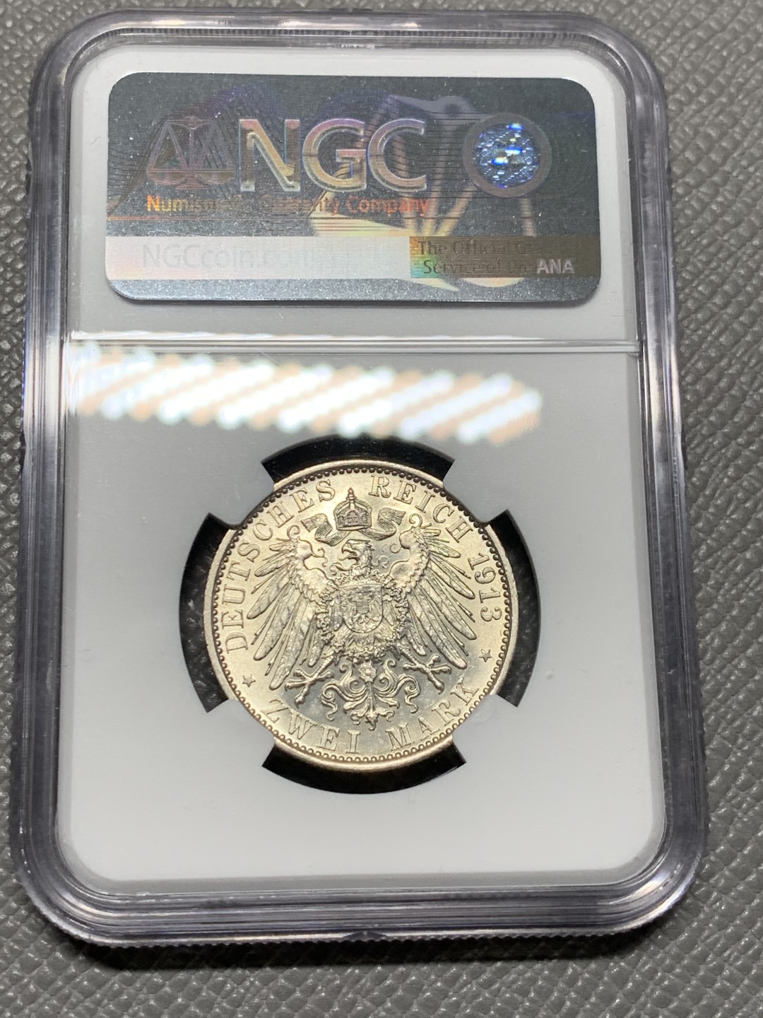《竞宝斋》第123场-周日，周一 ，2场连拍（全场包邮） NGC-MS62 德国1913年 军装版 2马克银币 这面试比3和5的少很多