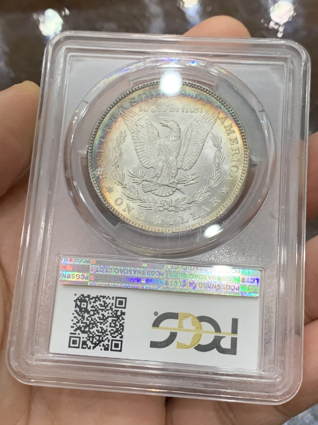 《竞宝斋》第123场-周日，周一 ，2场连拍（全场包邮） PCGS MS64 美国 1887年 摩根银币 五彩+环彩包浆 状态非常好