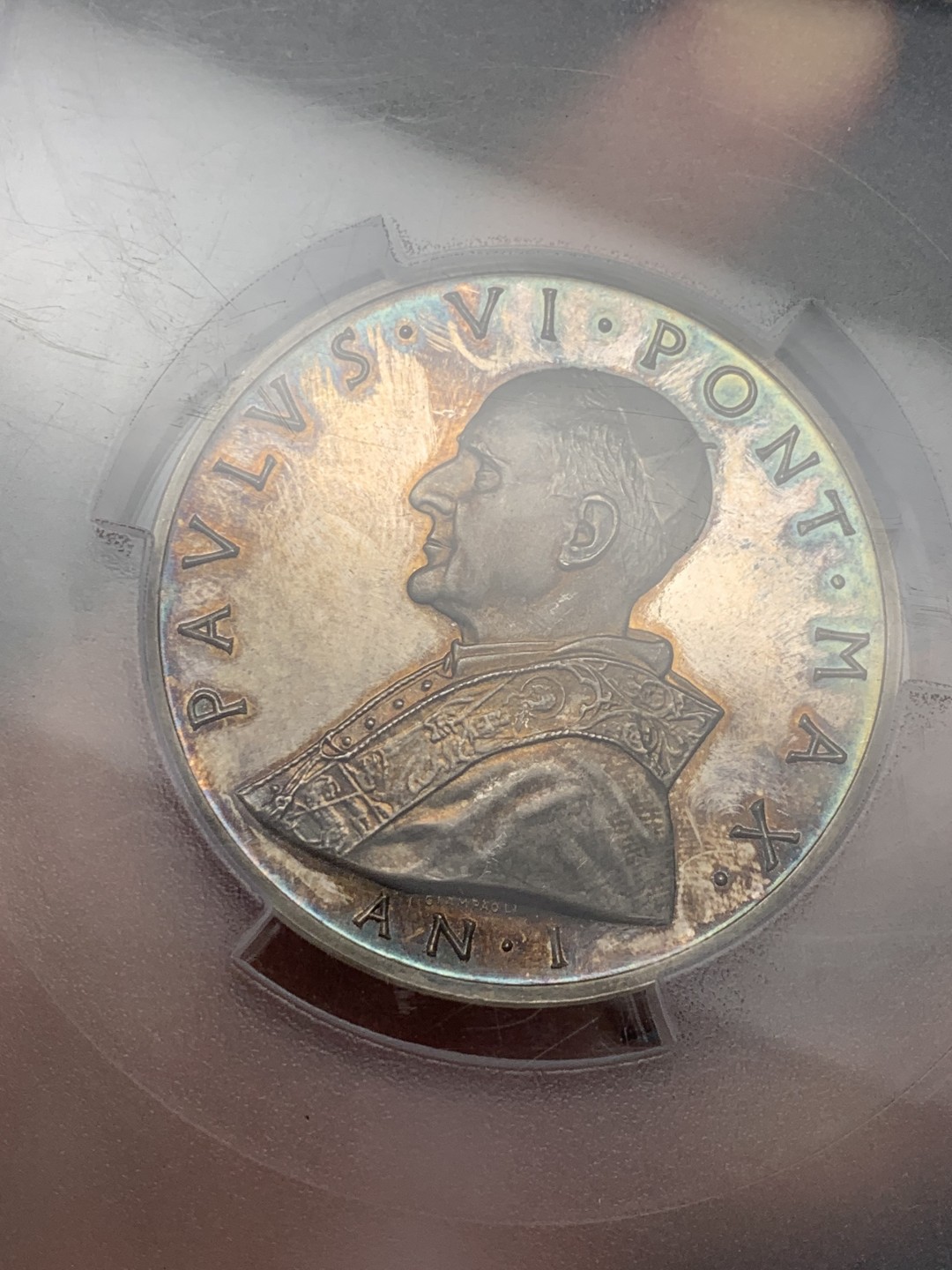 《竞宝斋》第123场-周日，周一 ，2场连拍（全场包邮） PCGS  MS-64  梵蒂冈   1963年  教皇保罗六世银章，镜面底板 大盒封装