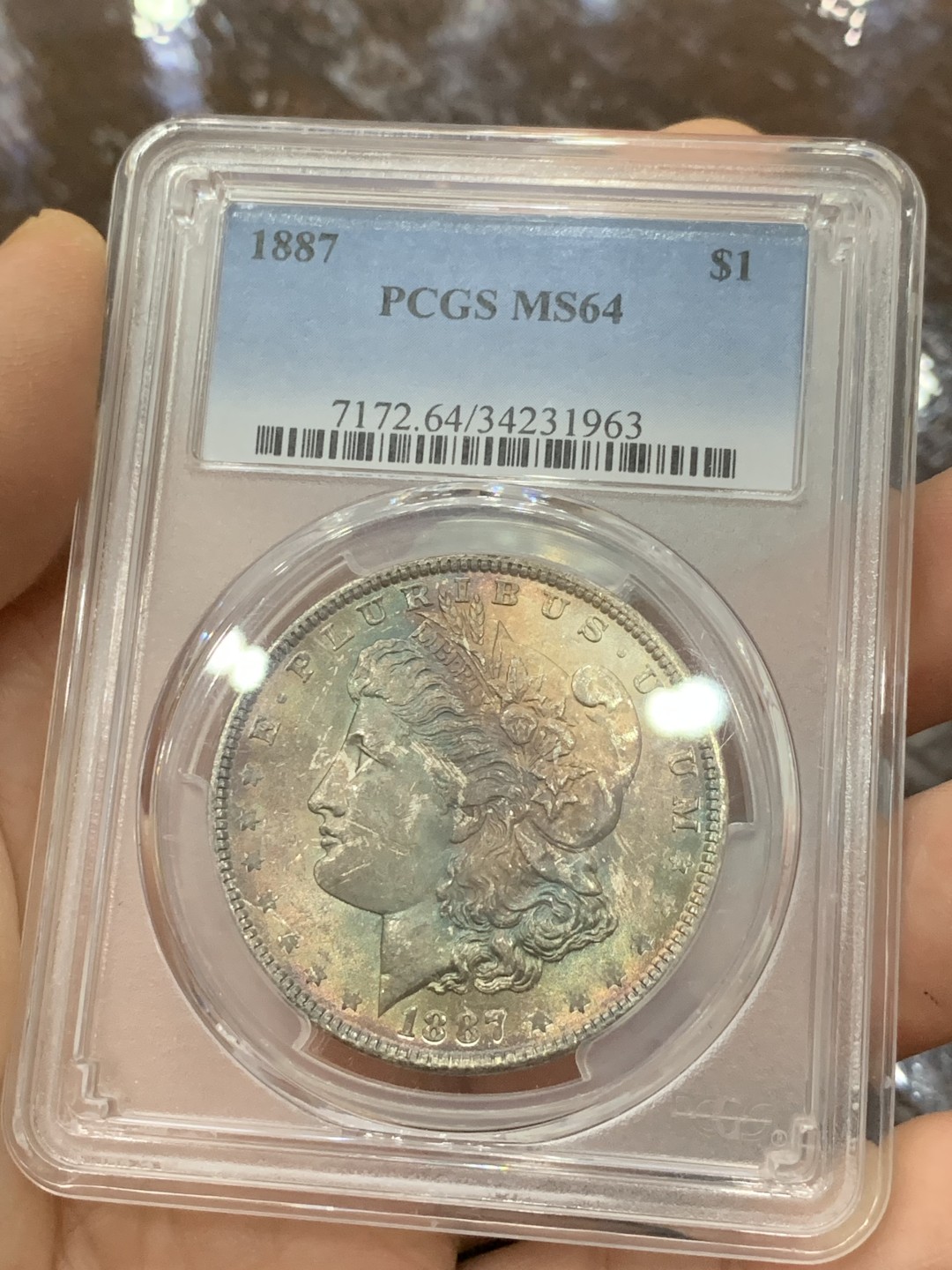 《竞宝斋》第123场-周日，周一 ，2场连拍（全场包邮） PCGS MS64 美国 1887年 摩根银币 五彩+环彩包浆 状态非常好