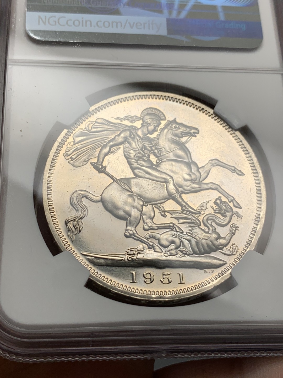 《竞宝斋》第123场-周日，周一 ，2场连拍（全场包邮） NGC-PL63 英国 1951年 1克朗 乔六镍马剑类精制币 值得收藏的马剑