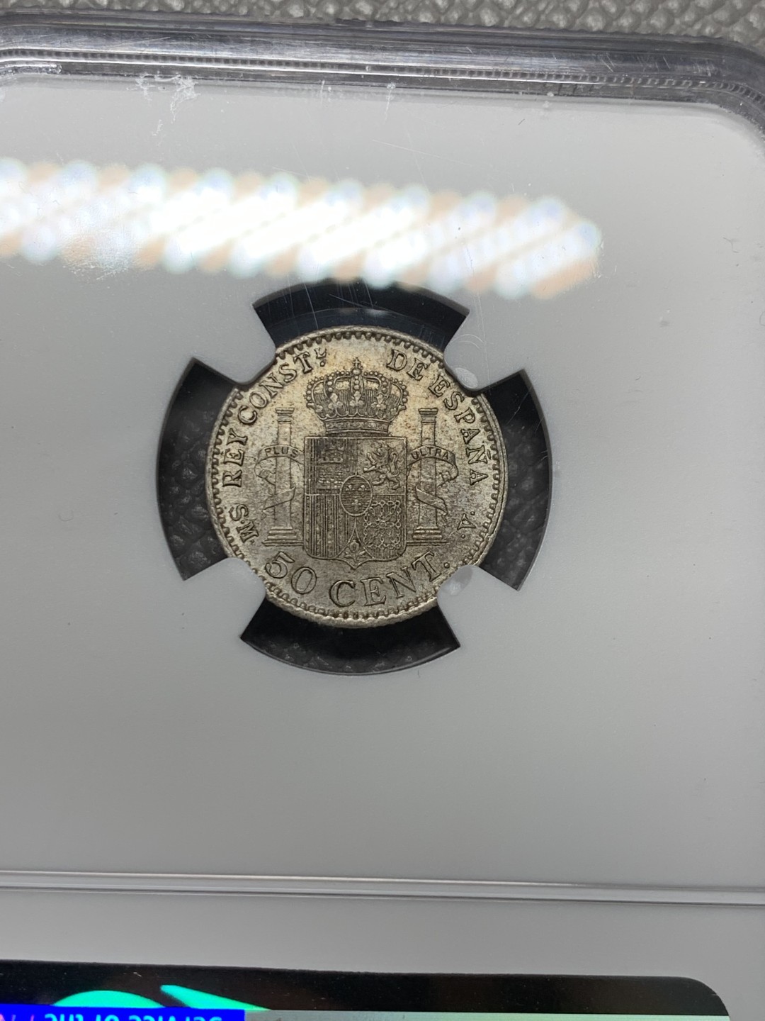 《竞宝斋》第123场-周日，周一 ，2场连拍（全场包邮） NGC-MS62 西班牙1904年 阿方索十三世戎装版 50分小双柱银币 较少版式