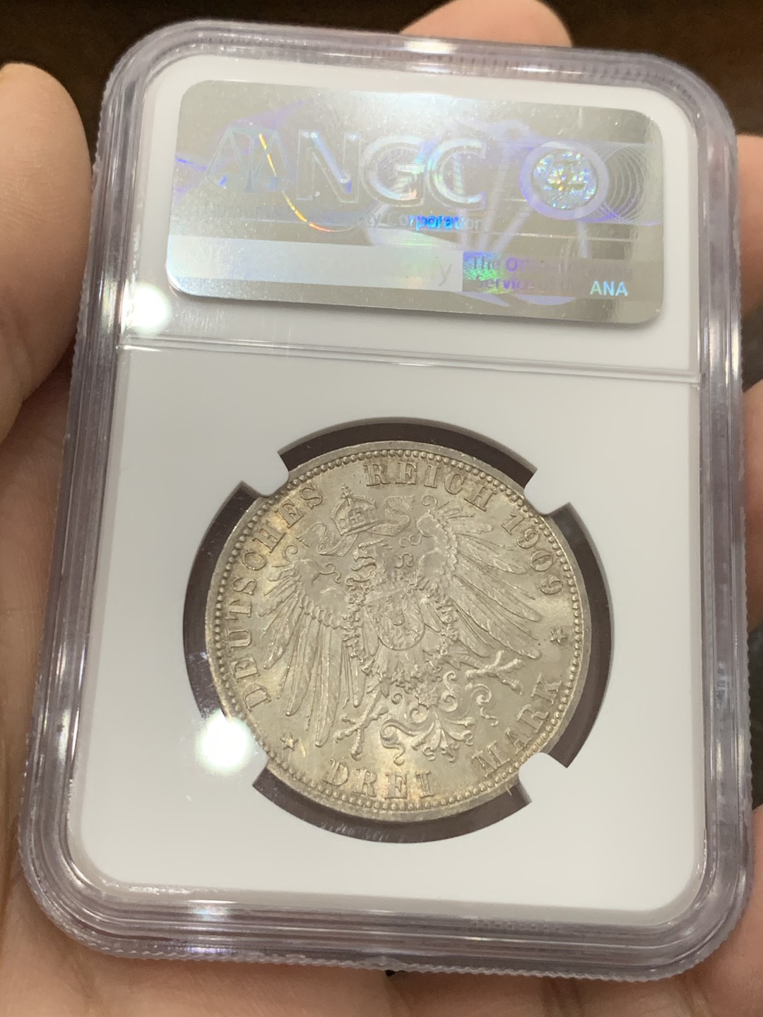 《竞宝斋》第123场-周日，周一 ，2场连拍（全场包邮） NGC-MS63 1909年 德国施瓦茨堡松德斯豪森3马克银币，黄油包浆，很少见的小邦马克，仅铸造这一年