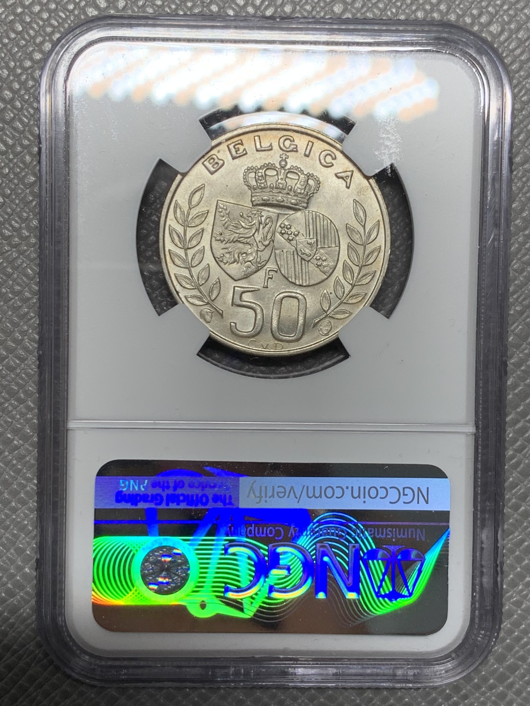 《竞宝斋》第123场-周日，周一 ，2场连拍（全场包邮） NGC-MS64 比利时1960年 金婚50法郎银币 顶级品相 少见品种