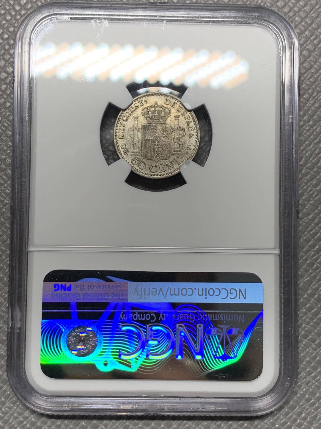 《竞宝斋》第123场-周日，周一 ，2场连拍（全场包邮） NGC-MS62 西班牙1904年 阿方索十三世戎装版 50分小双柱银币 较少版式