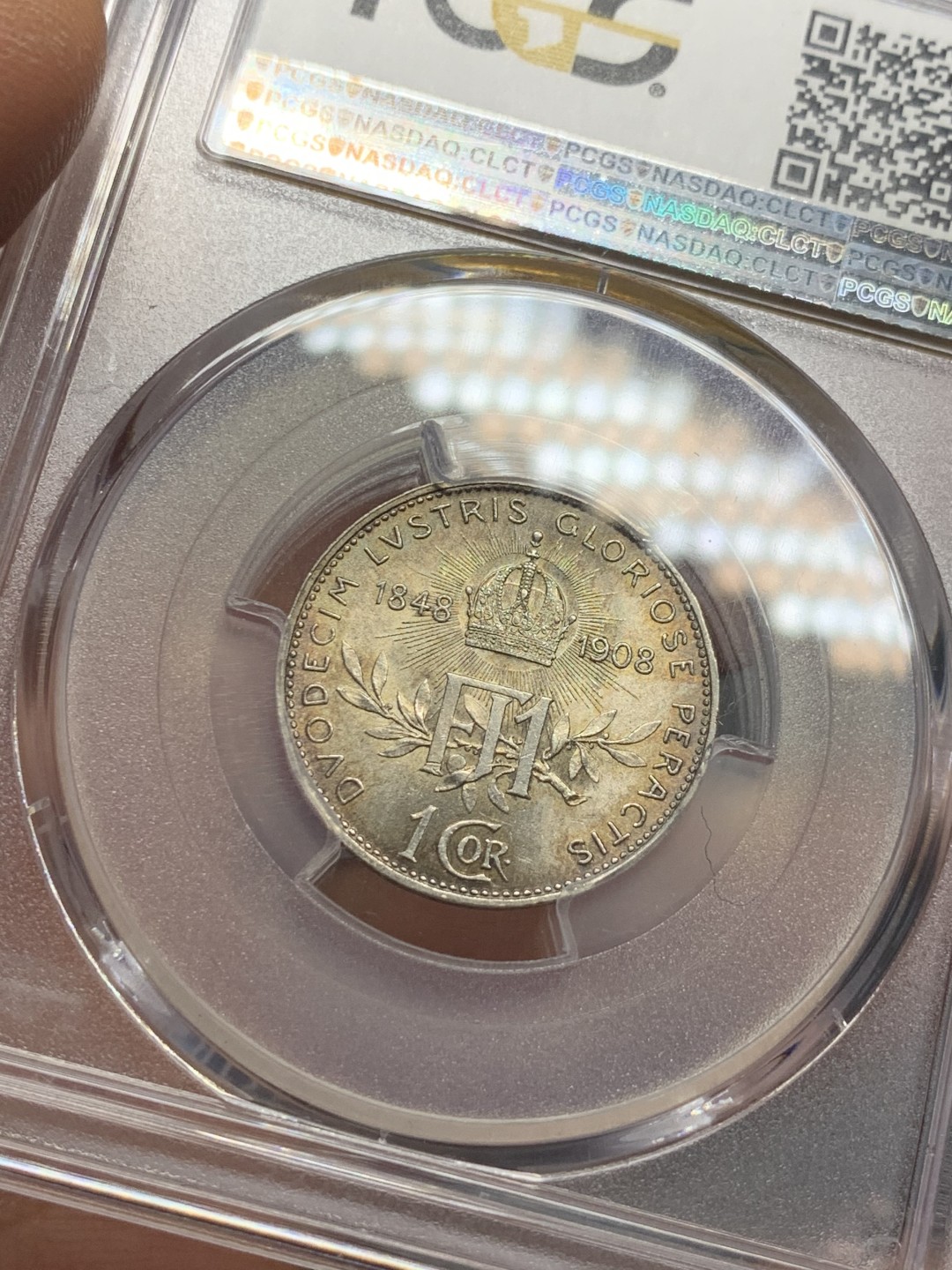 《竞宝斋》第123场-周日，周一 ，2场连拍（全场包邮） PCGS-MS63 奥地利 1908  1克朗  60周年 银币 少见品种