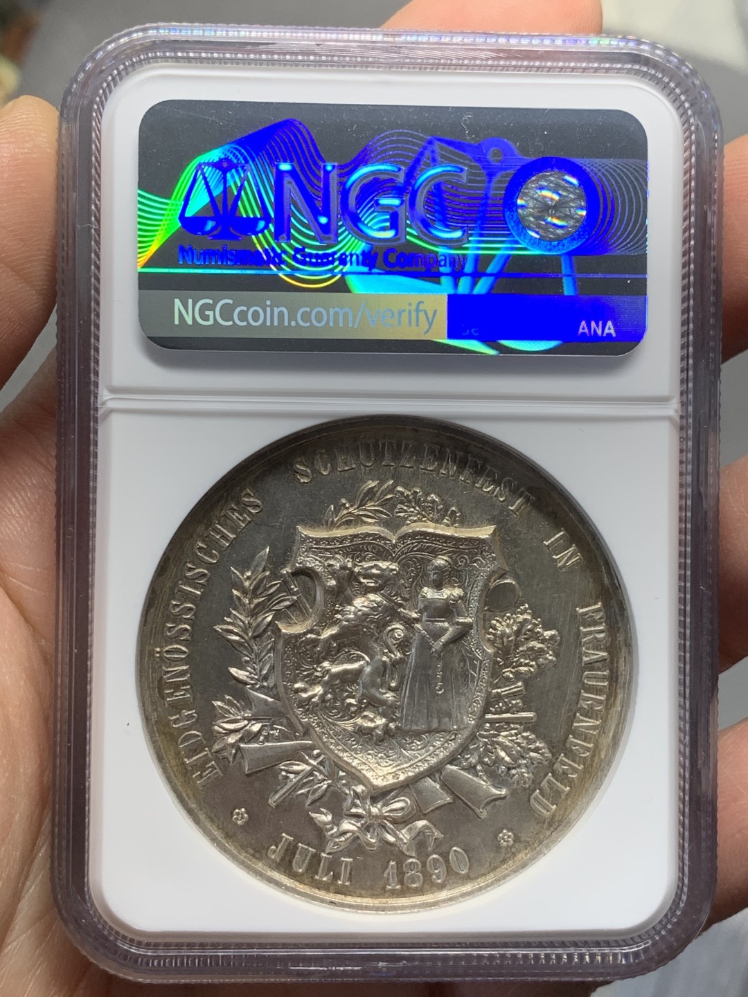 《竞宝斋》第123场-周日，周一 ，2场连拍（全场包邮） NGC UNC 瑞士1890弗劳恩菲尔德射击节银章 高浮雕 名誉品种
