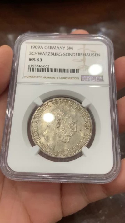 《竞宝斋》第123场-周日，周一 ，2场连拍（全场包邮） NGC-MS63 1909年 德国施瓦茨堡松德斯豪森3马克银币，黄油包浆，很少见的小邦马克，仅铸造这一年