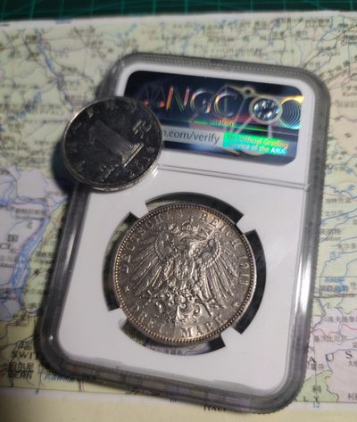 年末清仓 顺丰包邮 1911NGC汉堡市双狮3马克银币 五彩包浆