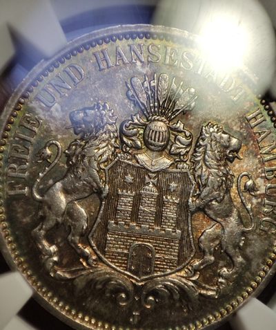 年末清仓 顺丰包邮 1911NGC汉堡市双狮3马克银币 五彩包浆