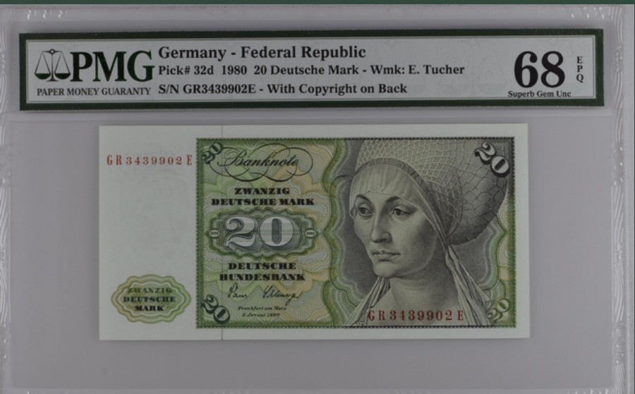 收藏联盟Quantum Auction 第217期拍卖  德国联邦1980年20马克 PMG68 冠军分 丢勒名画