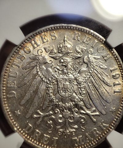 年末清仓 顺丰包邮 1911NGC汉堡市双狮3马克银币 五彩包浆