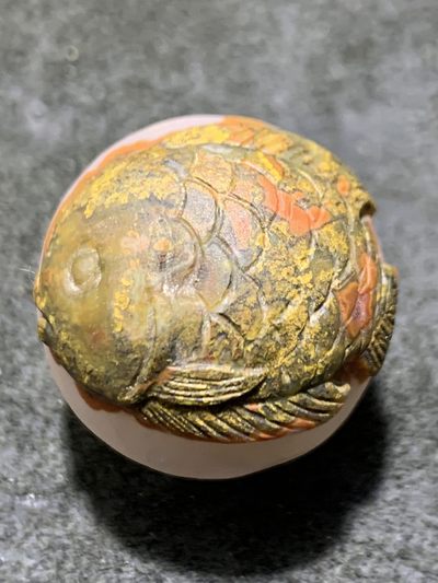 精美冰飘亚光战国红玛瑙巧雕胖鲤鱼圆珠一个，寓意，富贵有鱼 - 精美冰飘亚光战国红玛瑙巧雕胖鲤鱼圆珠一个，寓意，富贵有鱼