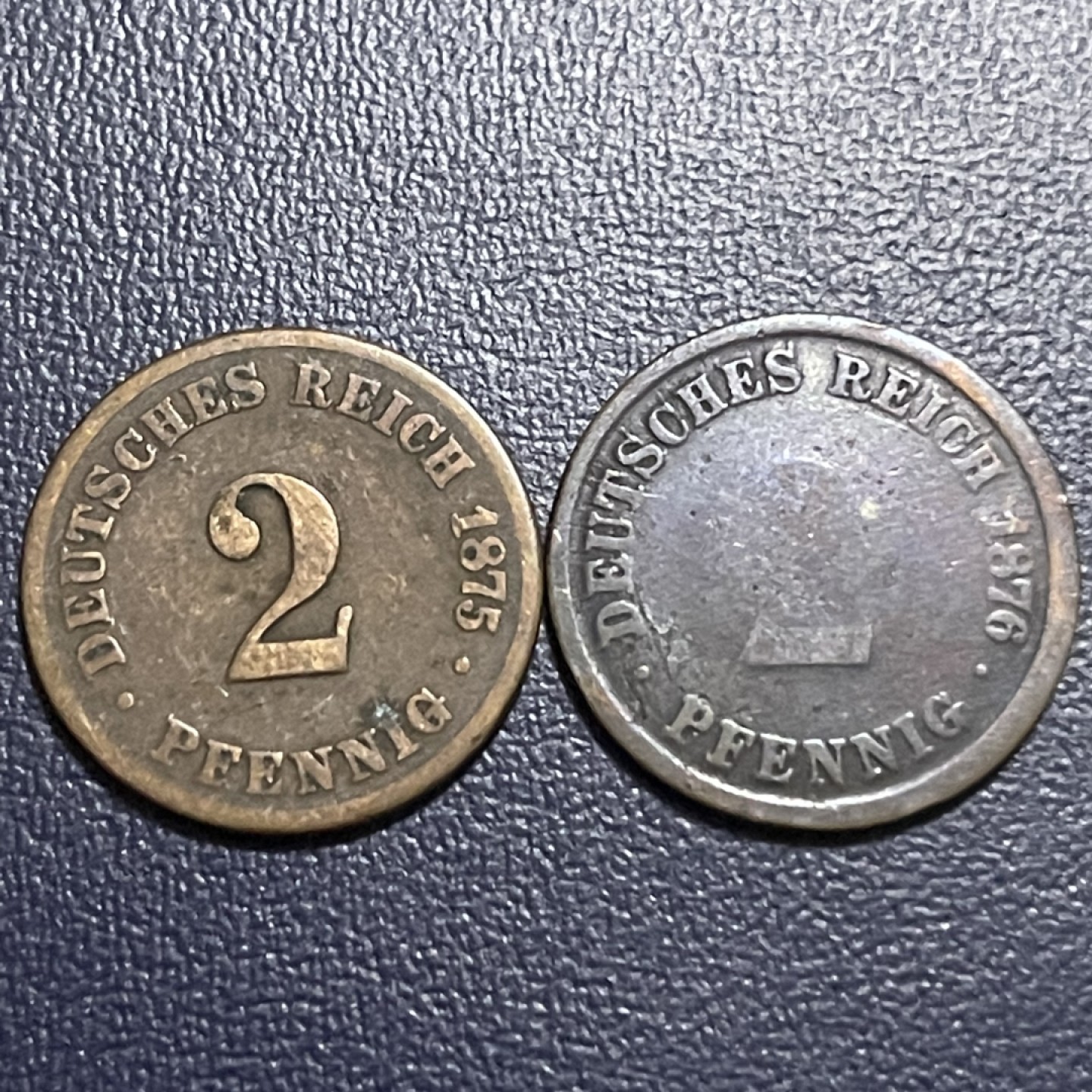 外国硬币0元起拍 1875，1876德国短翅版 2芬尼铜币