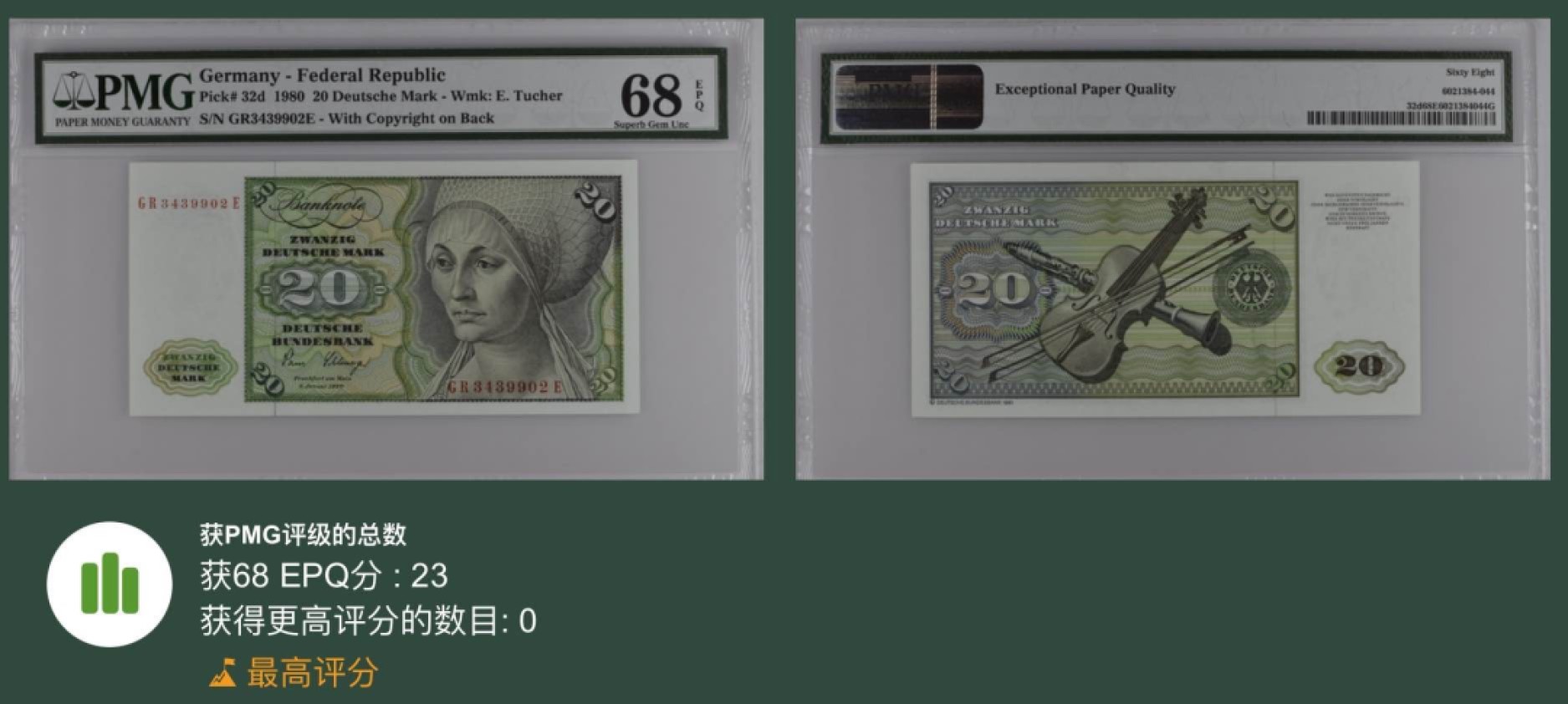 收藏联盟Quantum Auction 第217期拍卖  德国联邦1980年20马克 PMG68 冠军分 丢勒名画