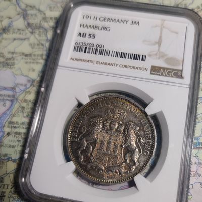 年末清仓 顺丰包邮 1911NGC汉堡市双狮3马克银币 五彩包浆