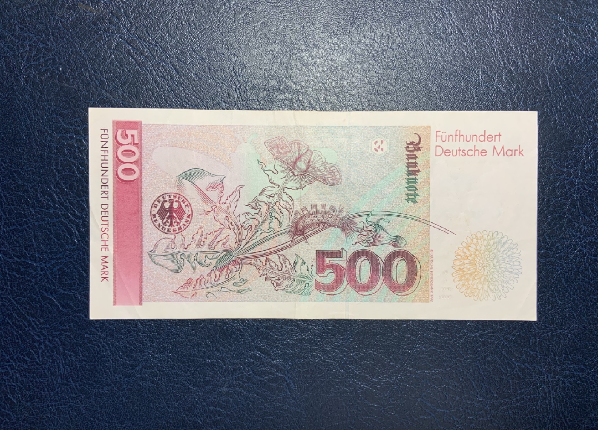 收藏联盟Quantum Auction 第219期拍卖  德国联邦1991年500马克 品相如图 AA冠 昆虫学家和生物绘画家 梅里安