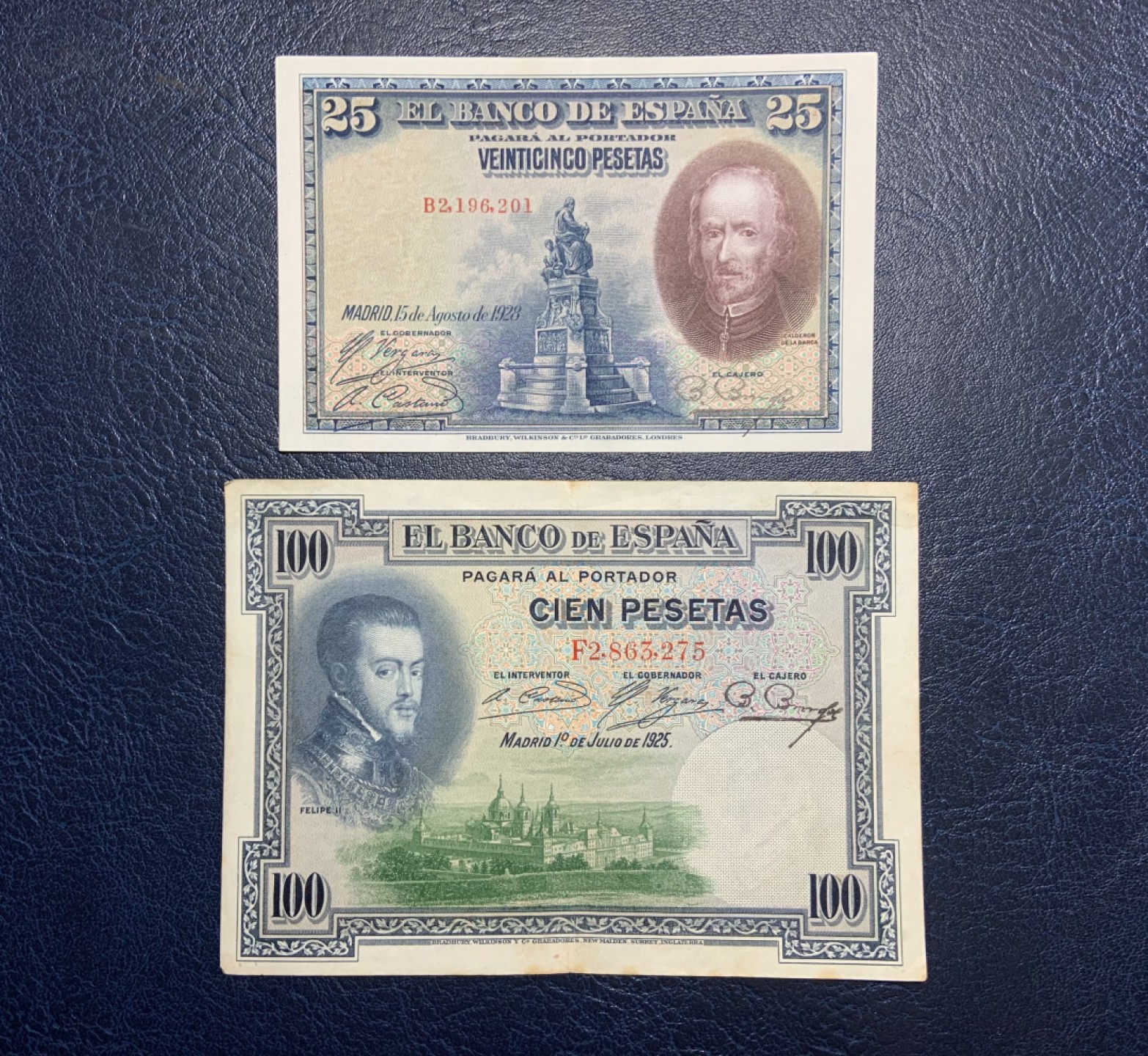 收藏联盟Quantum Auction 第217期拍卖  西班牙1928年25和1925年100比塞塔 品相AU — XF+
