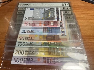 【Blue Auction】✨世界纸币精拍第265期——周六畅拍场【精】 - 【一组7张全套均德国版首签】欧盟 2002年5-500欧元 PMG66EPQ-67EPQ 