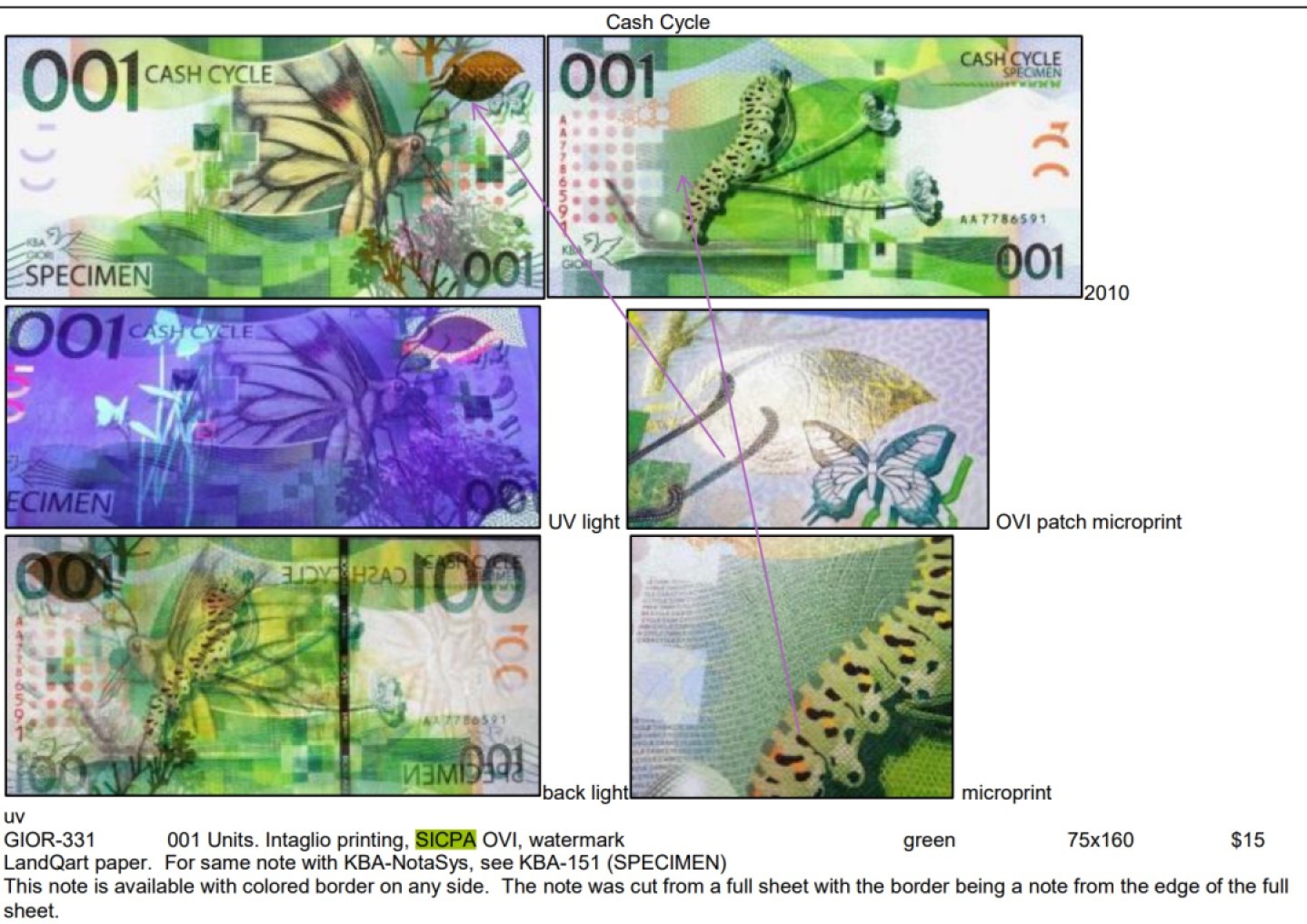 2026第1场（总第228期）：精品测试钞、外钞、塑料钞、连体钞综合场 KBA Giori 2010版001“蝴蝶”测试钞/AA冠金色树叶版（PMG65）