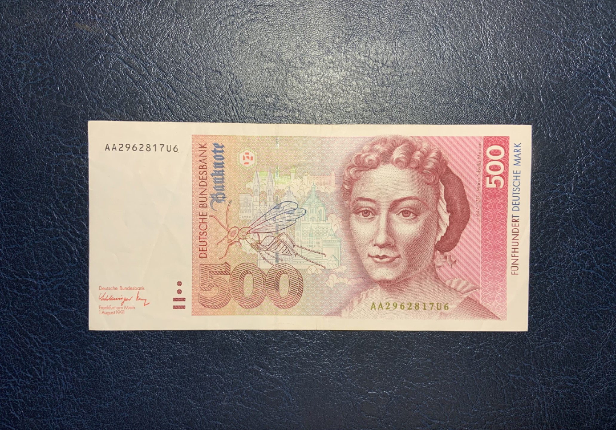收藏联盟Quantum Auction 第219期拍卖  德国联邦1991年500马克 品相如图 AA冠 昆虫学家和生物绘画家 梅里安