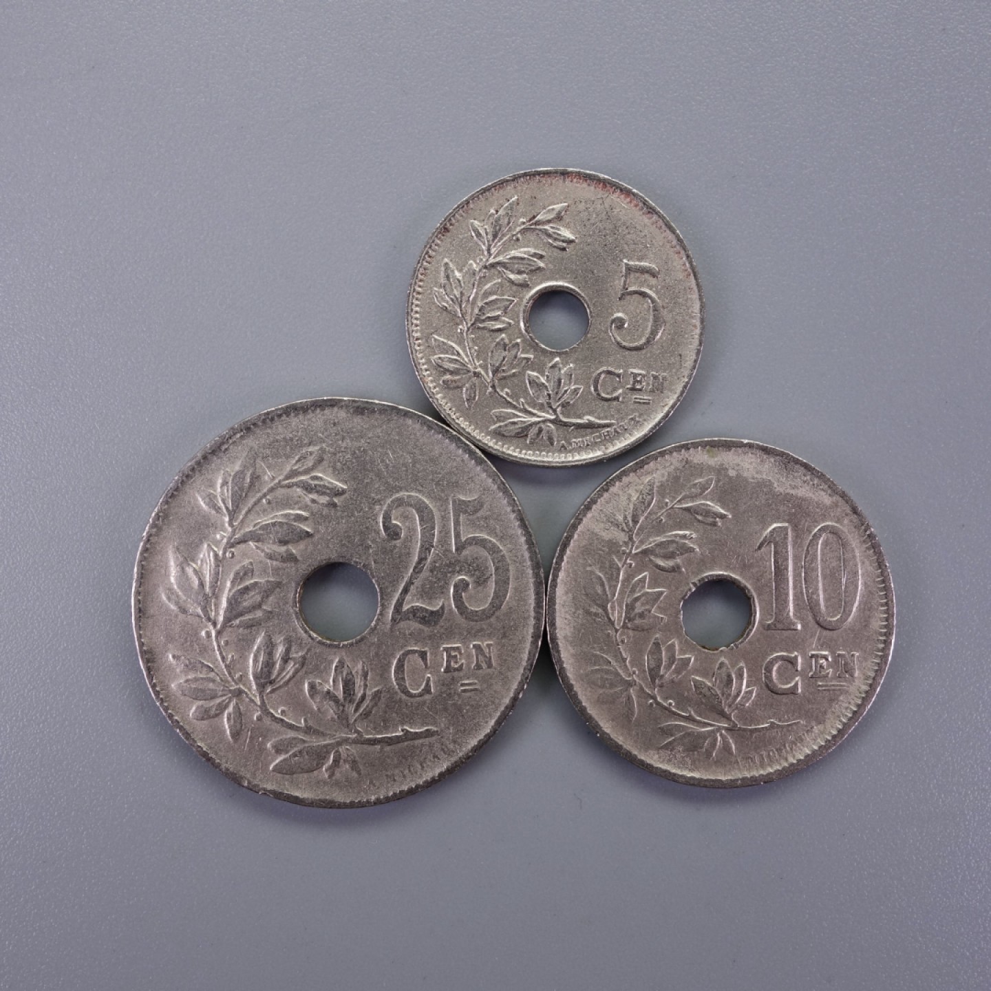 天业钱币散币拍卖第11次专场 比利时1922-24年5-25分 三枚一起 双星
