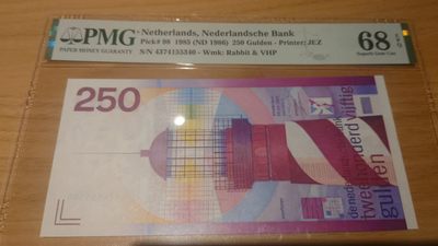 即日起至节前拍卖800以上全部本店贴钱发顺丰避免严重延误【世界钱币收藏】精选微拍第52期 暨2022年第九期 含部分经典高分评级币 【群里一口价售出，勿出价】1986年荷兰250盾 灯塔 高分PMG68E 尾号340