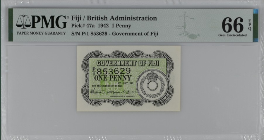 收藏联盟Quantum Auction 第220期拍卖  英属斐济1942年1便士 PMG66 高分少见