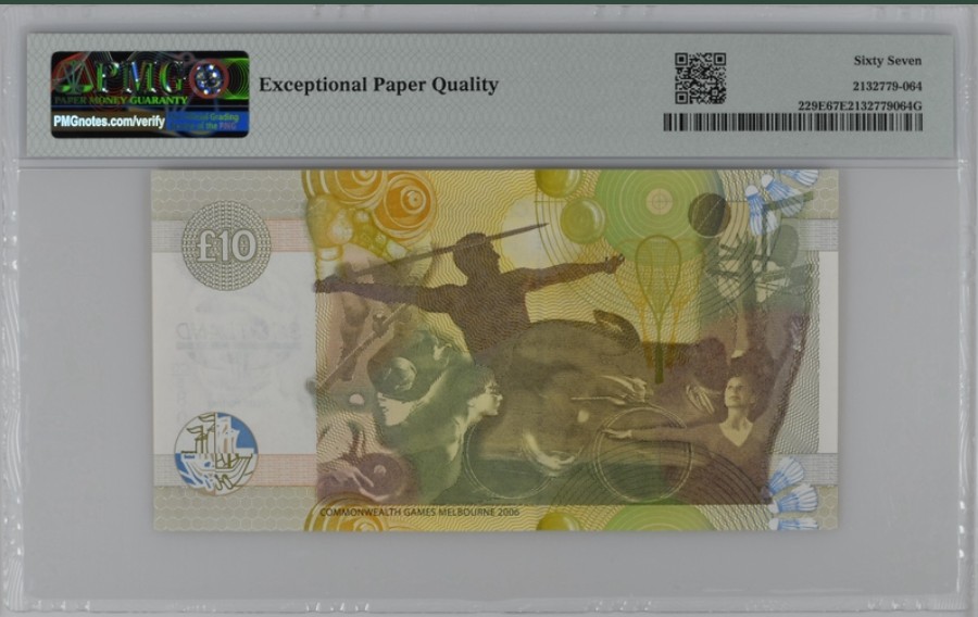 收藏联盟Quantum Auction 第220期拍卖  苏格兰2006年10镑运动会纪念钞 PMG67 号码无4