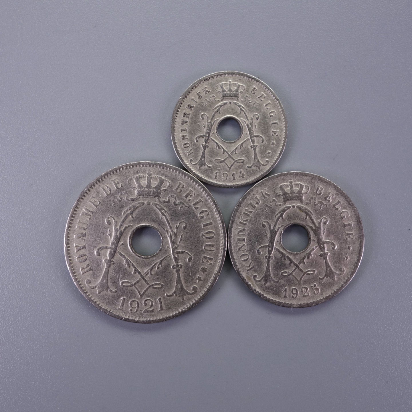 天业钱币散币拍卖第12次专场 比利时1914-25年5-25分 三枚一起 双星