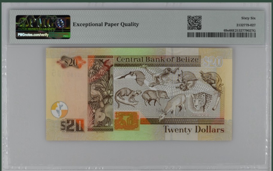 收藏联盟Quantum Auction 第220期拍卖  伯利兹2014年20元 PMG66 号码无4 动物图鉴