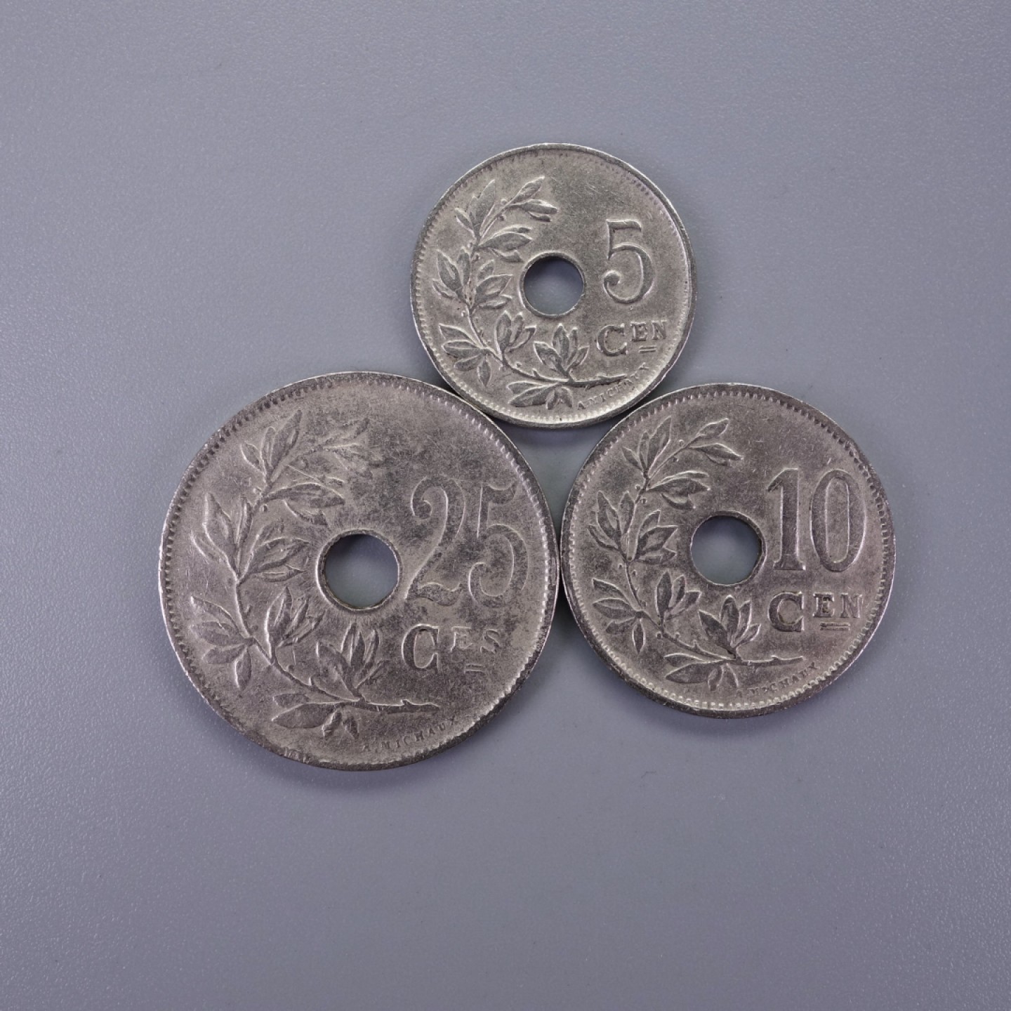 天业钱币散币拍卖第12次专场 比利时1914-25年5-25分 三枚一起 双星
