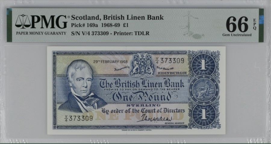 收藏联盟Quantum Auction 第220期拍卖  苏格兰1968-1969年林恩银行1镑 PMG66