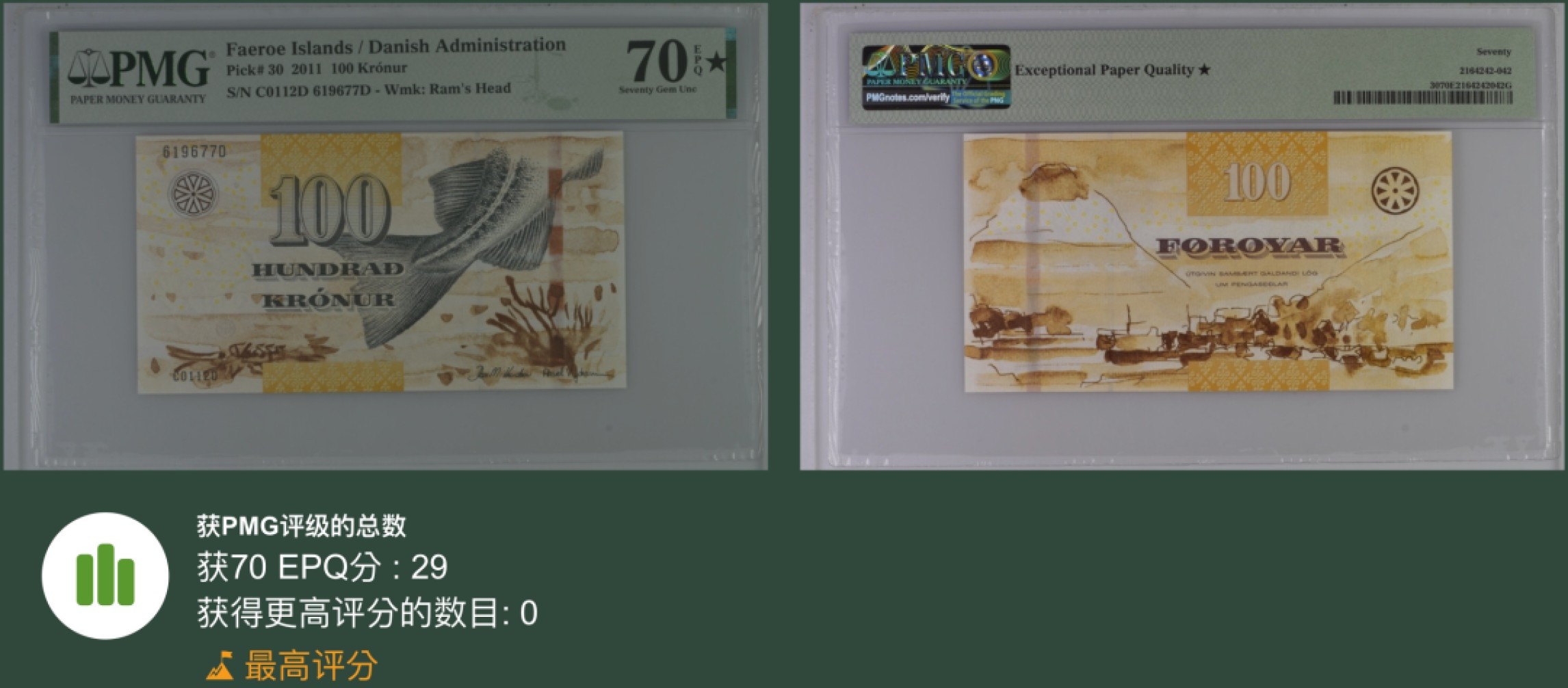 《张总收藏》84期——外币典藏 法罗群岛100克朗 PMG70E⭐️ 2011年 绝对冠军分 水墨风格适合国人审美 可凑满分一套 长期看涨