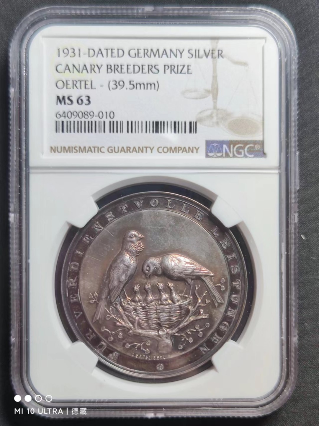 【德藏】世界币章–圣诞专场拍卖 1931年德国金丝雀协会银章 NGC MS63