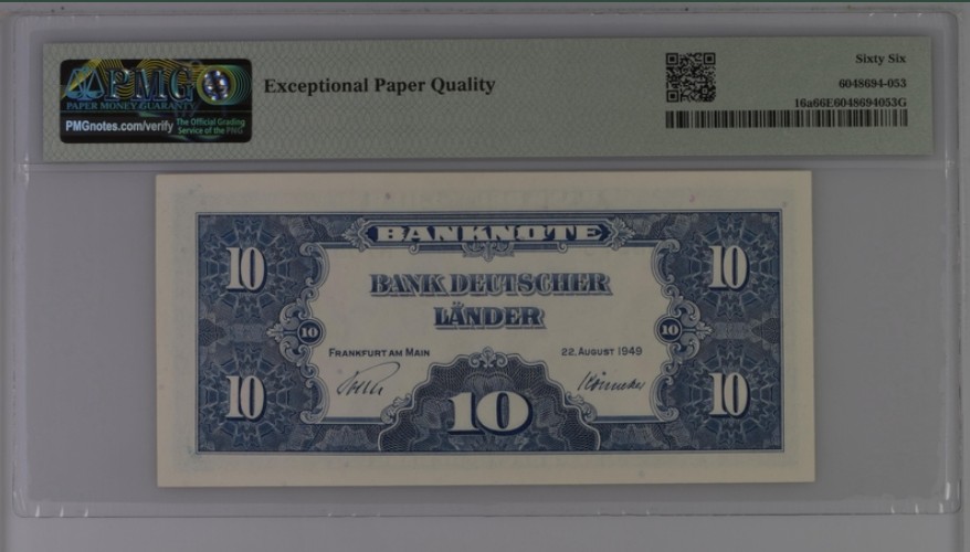 收藏联盟Quantum Auction 第220期拍卖  德国联邦1949年10马克 PMG66 第一版联邦券10