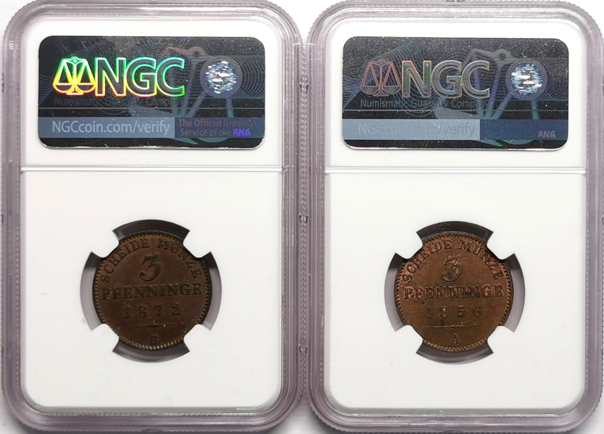 凡希社世界钱币微拍第二百二十三期 1872/56普鲁士3芬尼铜币一对NGC-MS62/63