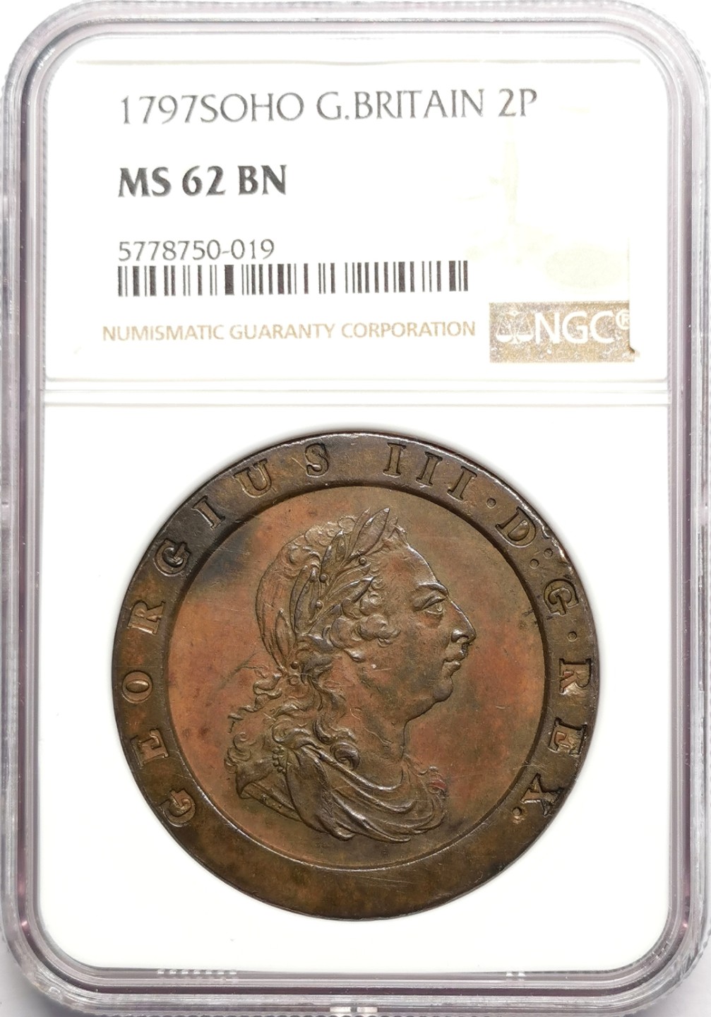 凡希社世界钱币微拍第二百二十三期 荐！1797乔三车轮2便士PCGS-MS62细节锐利！