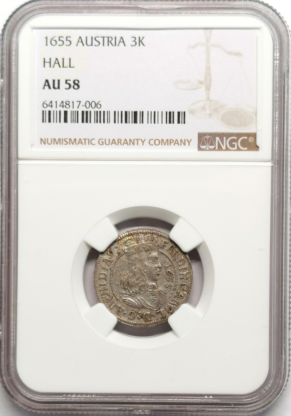 凡希社世界钱币微拍第二百二十三期 1655神罗哈尔3K银辅币NGC-AU58
