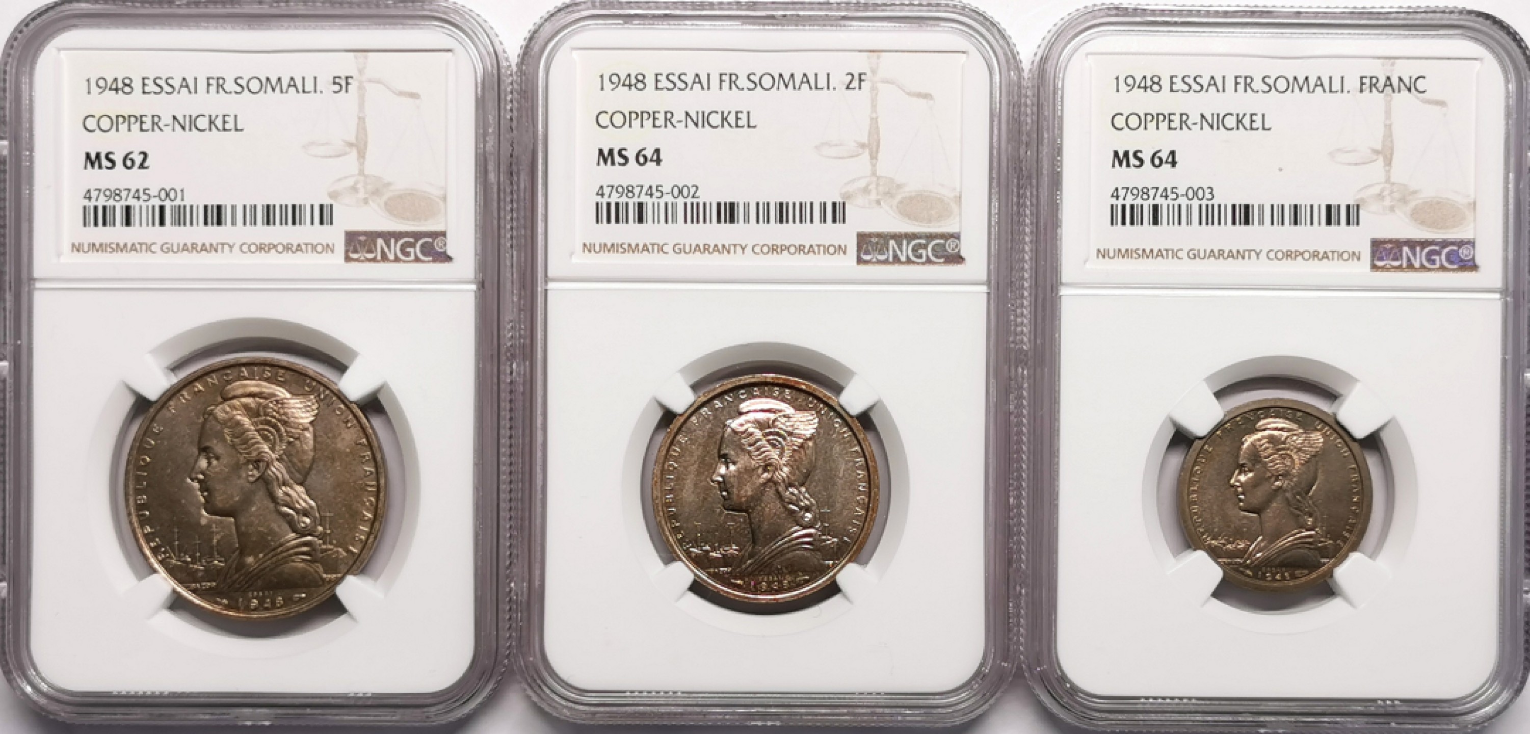 凡希社世界钱币微拍第二百二十三期 1948法属索马里ESSAI样币三枚套NGC-MS62/64/64