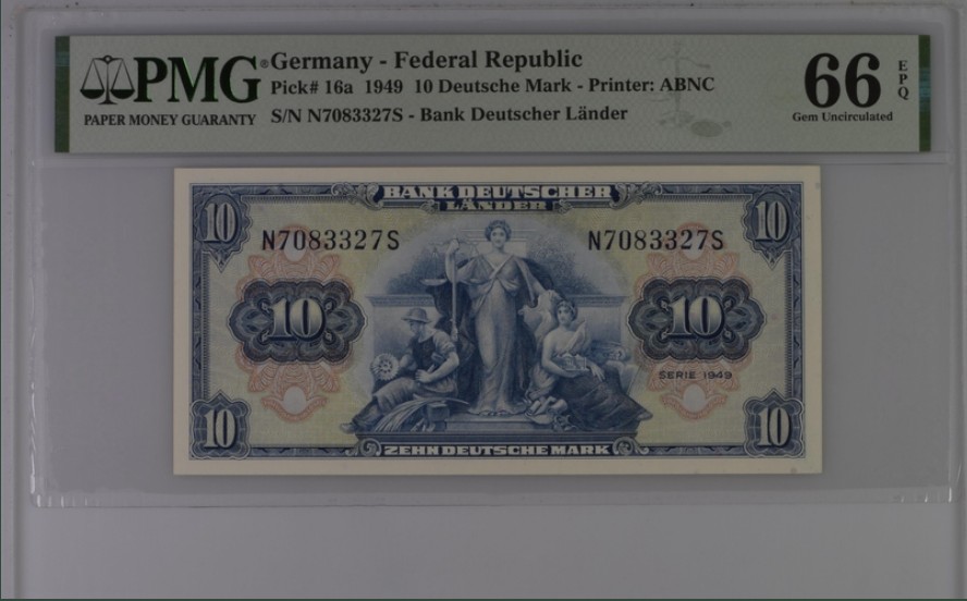 收藏联盟Quantum Auction 第220期拍卖  德国联邦1949年10马克 PMG66 第一版联邦券10