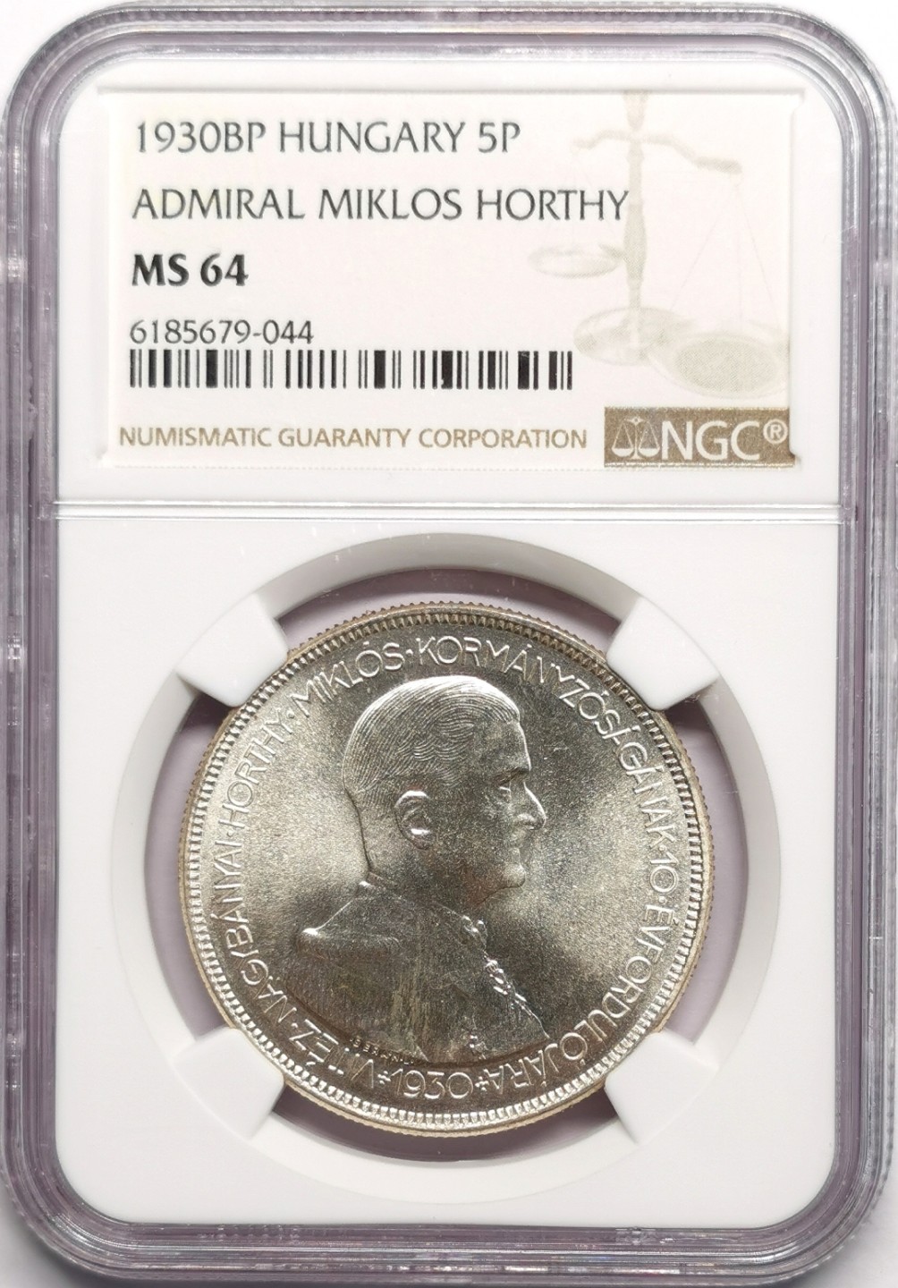 凡希社世界钱币微拍第二百二十三期 1930匈牙利霍尔蒂5P大银NGC-MS64