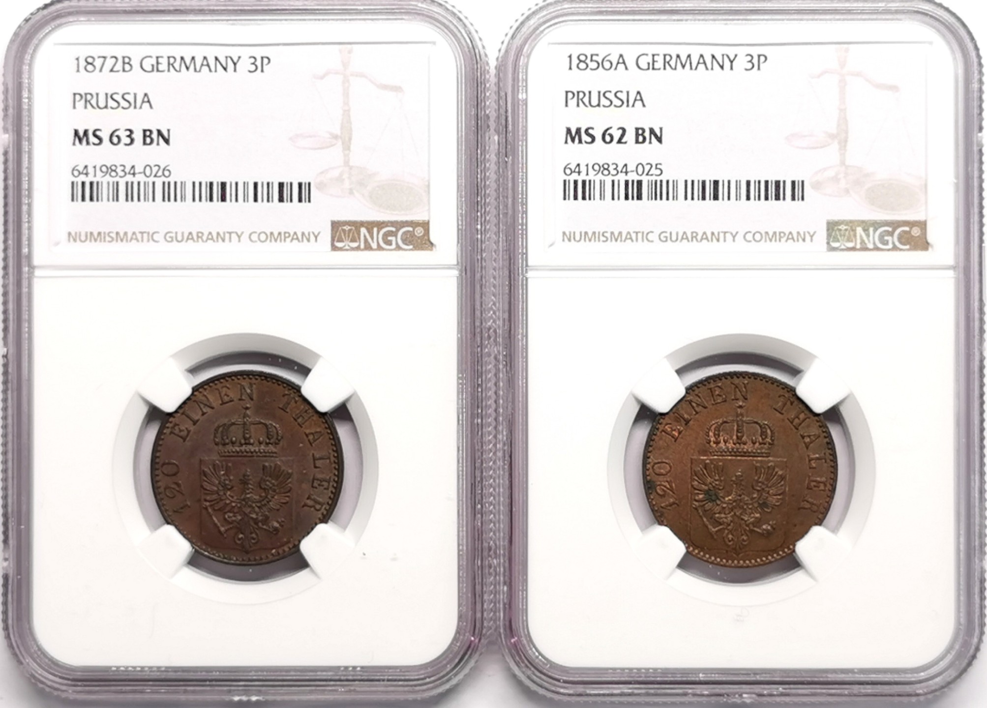 凡希社世界钱币微拍第二百二十三期 1872/56普鲁士3芬尼铜币一对NGC-MS62/63