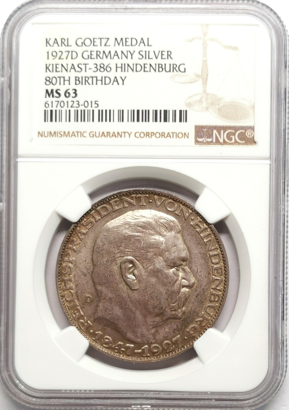 凡希社世界钱币微拍第二百二十三期 1927魏玛兴登堡5马克币章NGC-MS63