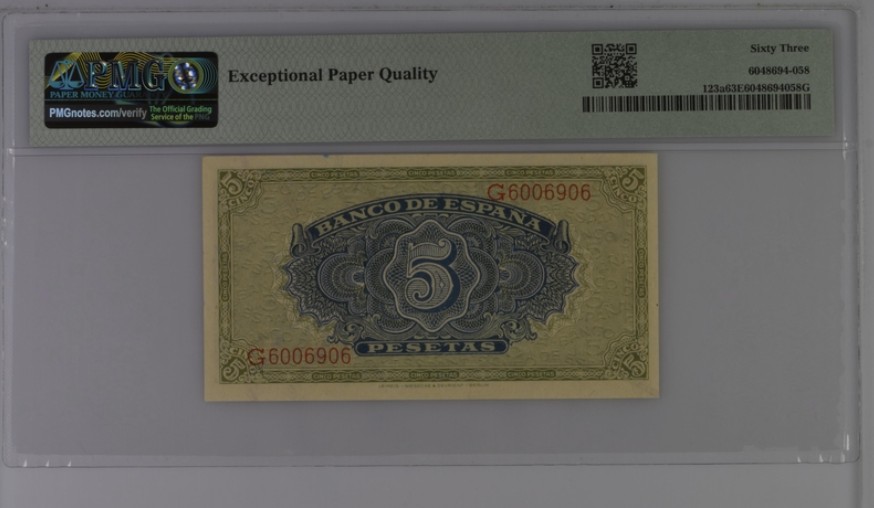 收藏联盟Quantum Auction 第220期拍卖  西班牙1940年5比塞塔 PMG63e 捷德代印