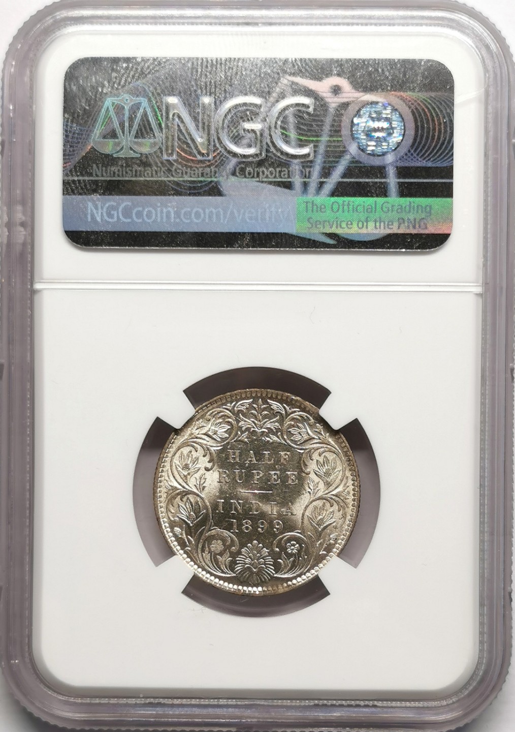 凡希社世界钱币微拍第二百二十三期 1899B英属印度小维半卢比NGC-MS61原色银光！