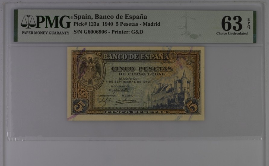 收藏联盟Quantum Auction 第220期拍卖  西班牙1940年5比塞塔 PMG63e 捷德代印